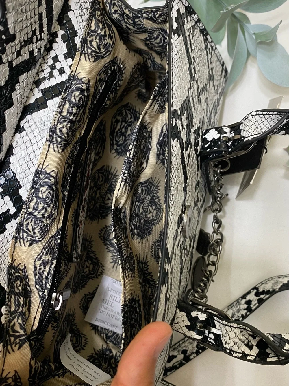 Ed Hardy Black & White Snake-Print Satchel with Charm Chain
